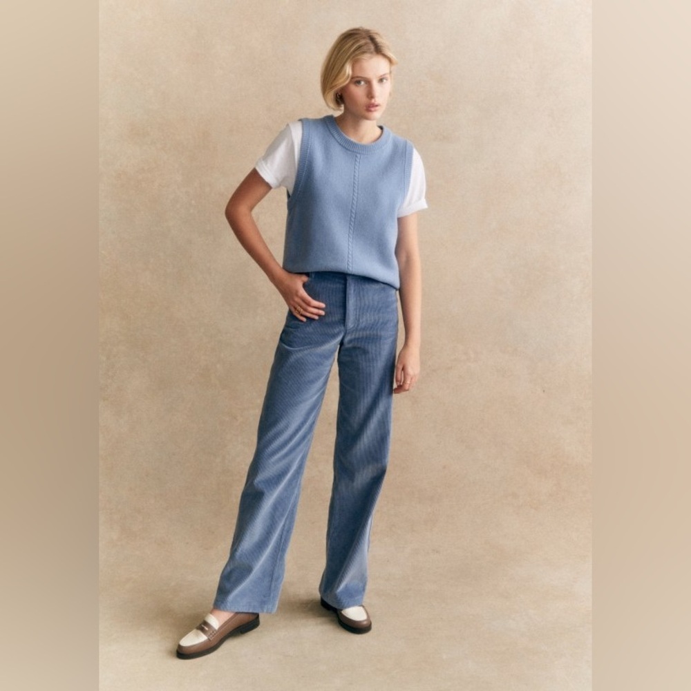 Zara High Rise Wide Leg Medium Blue Corduroy Trousers sz 6